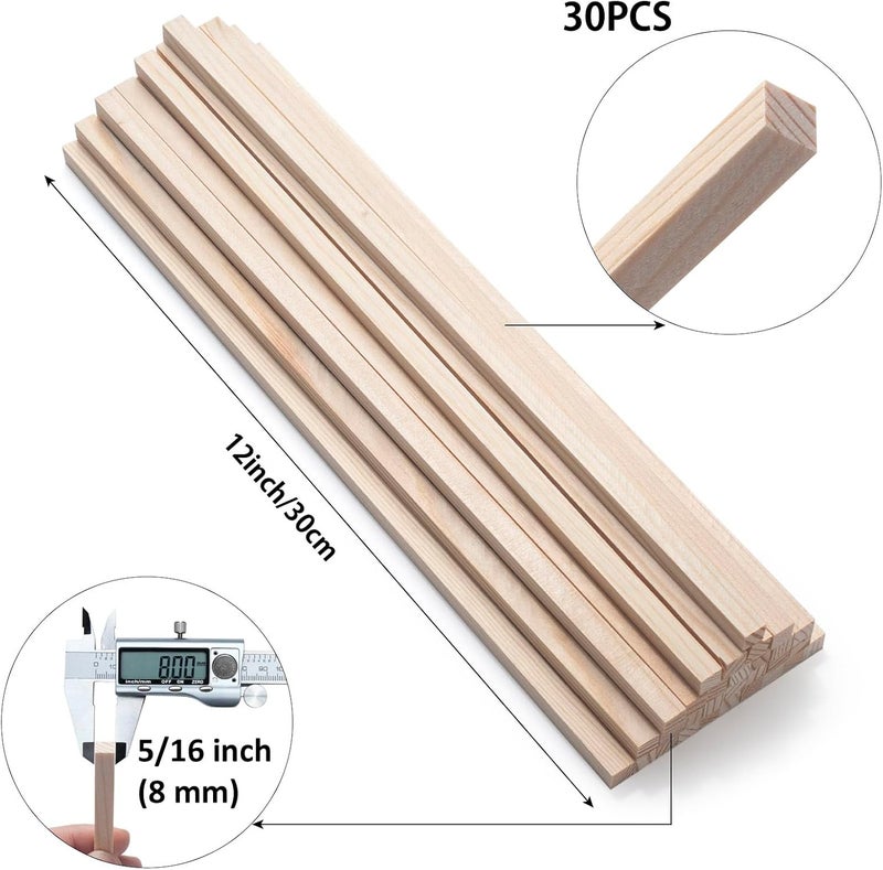 Coowayze Square Wooden Dowels Wood Dowel Rods 5/16" x 12", 30 PCS Square Wooden Sticks for Crafts, Unfinished Hardwood Sticks Wood Strips Slats for Crafting, Woodworking, Model Making, Home Decor - Image 2